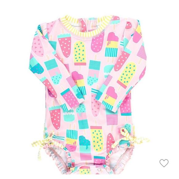 Ruffle Butts Baby Girls One Piece Rash Guard - Ice Cream Social 3 to 6M - Picture 1 of 12